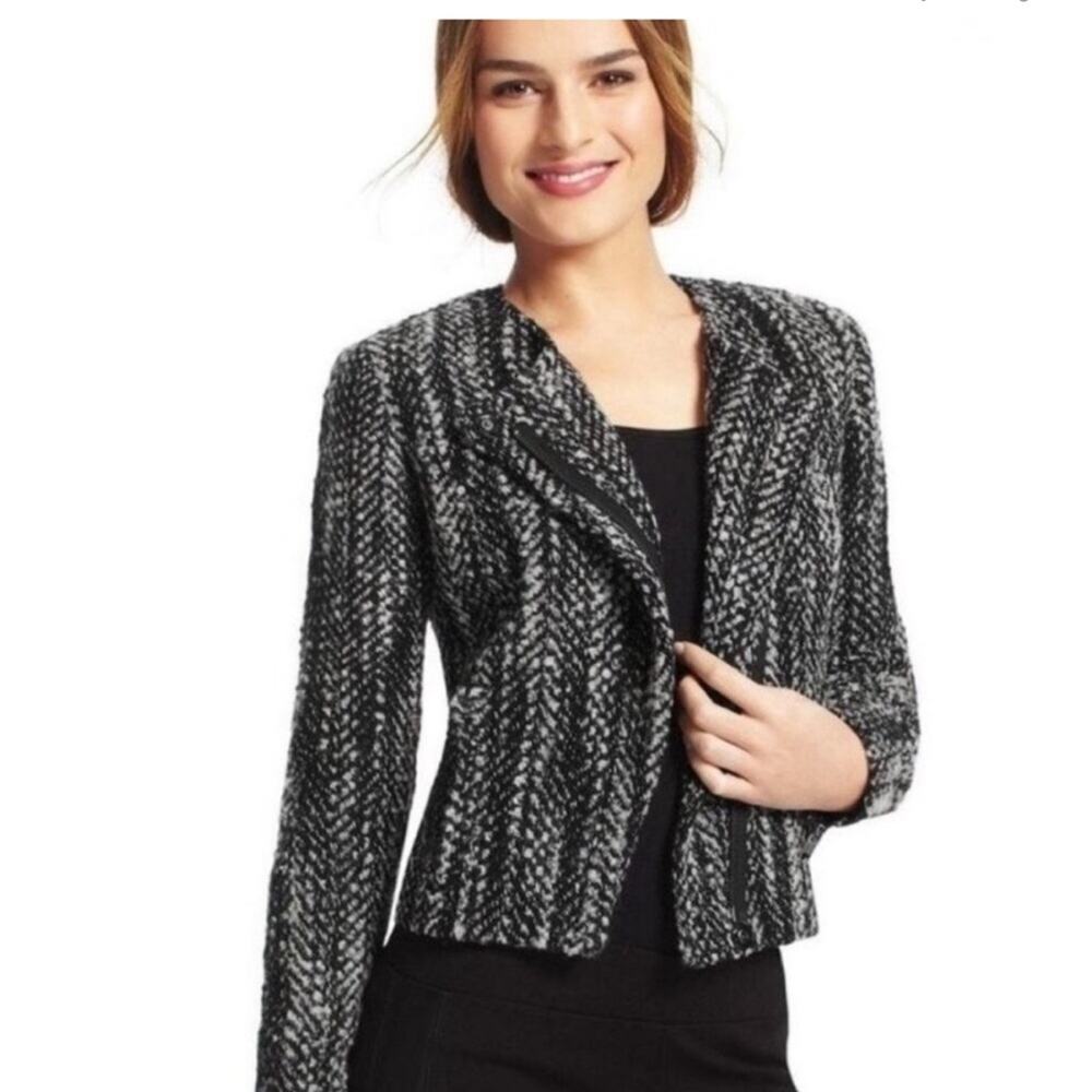 Cabi Over the Moon black white tweed zip wool blend blazer jacket size 6 #529